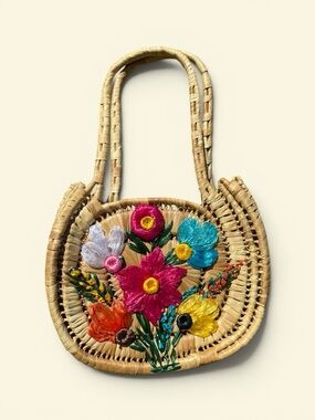 EUC Vintage Woven Straw Tote with Colorful Floral Embroidery Shoulder Bag